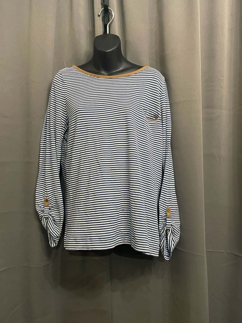 Lauren Ralph Lauren Women's Blue Striped  Knit Top with Brown Suede Trim XL